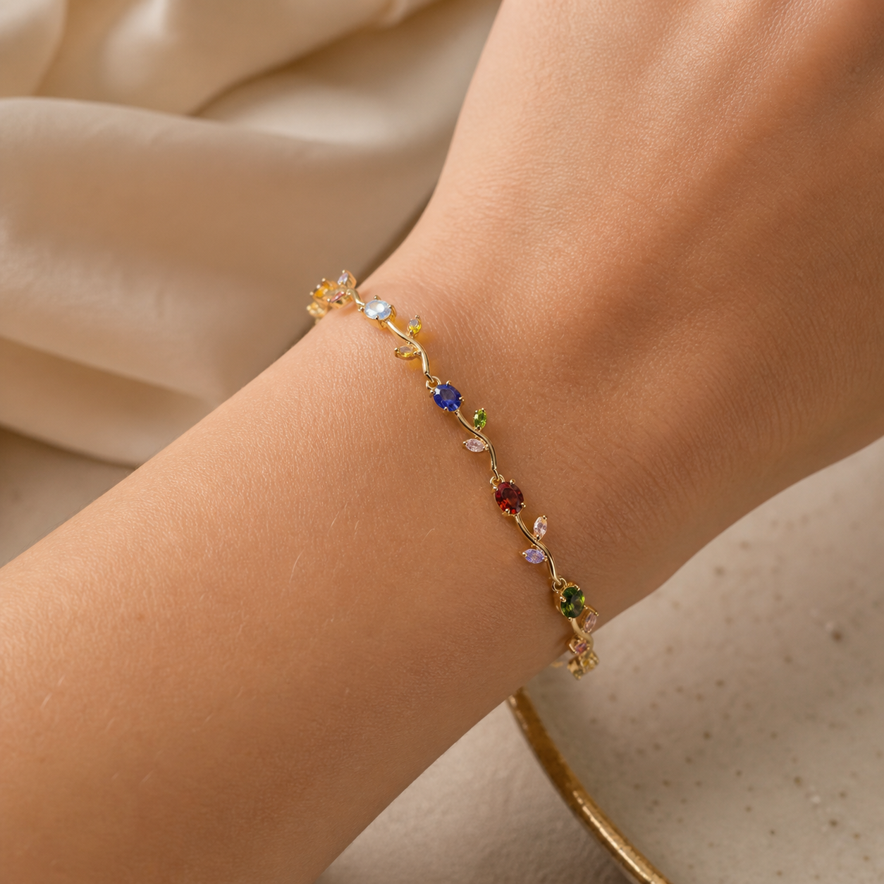 Anti-Tarnish Gold Tulip Multicolour Stone Tennis Bracelet