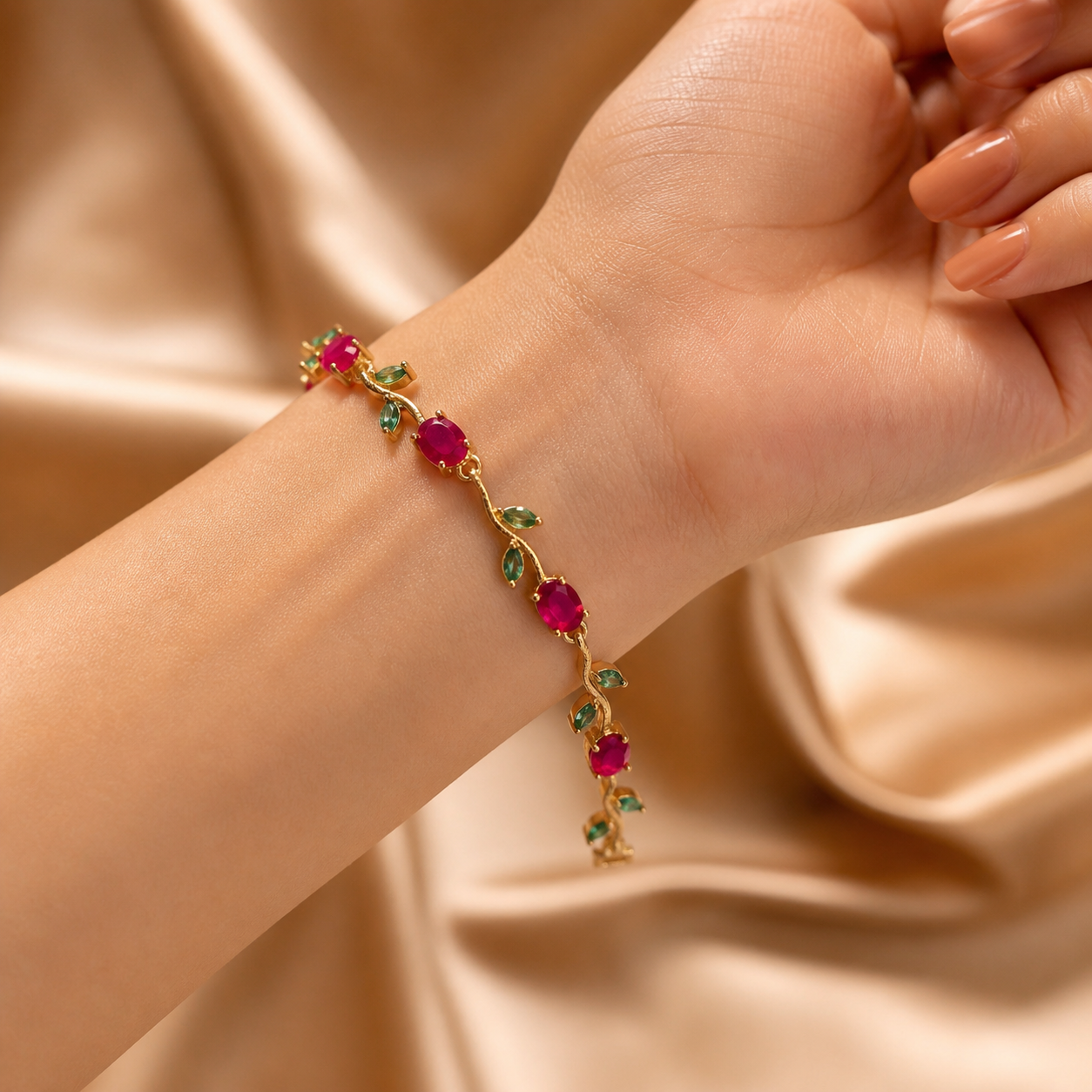 Anti-Tarnish Gold Tulip Ruby Red & Emerald Green Stone Bracelet
