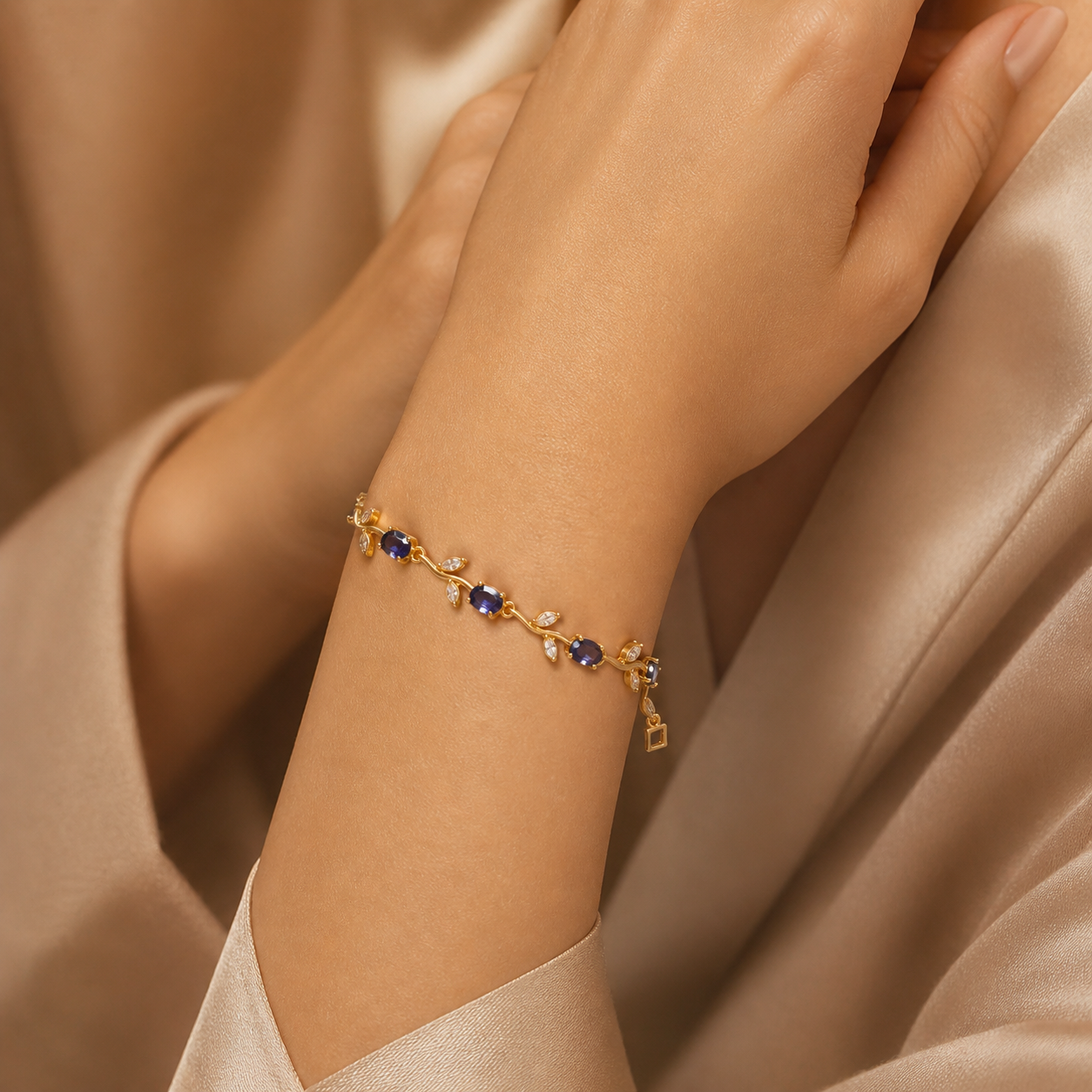 Anti-Tarnish Gold Tulip Sapphire Blue & Crystal Stone Bracelet