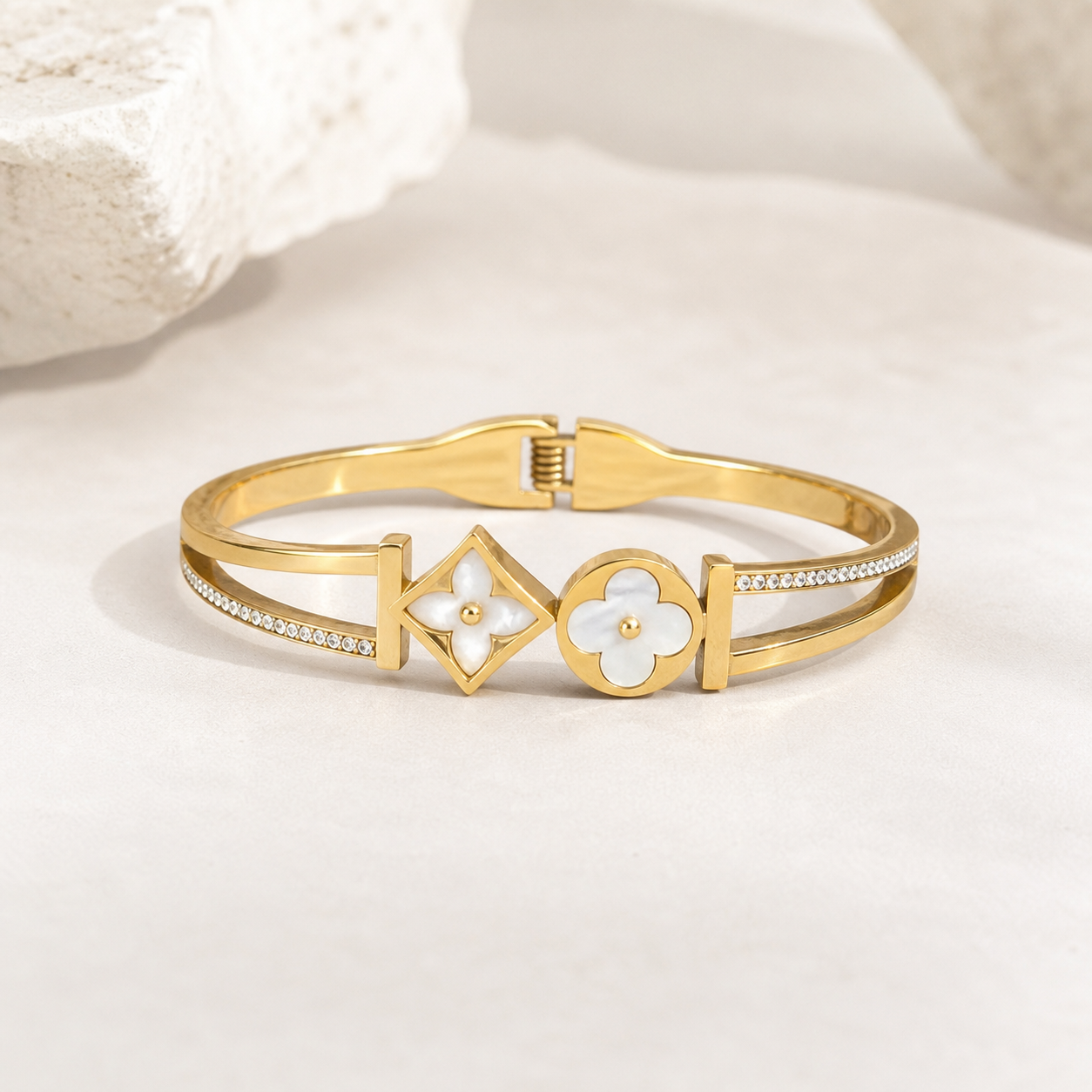 Gold Clover & Diamond Motif Bangle Bracelet