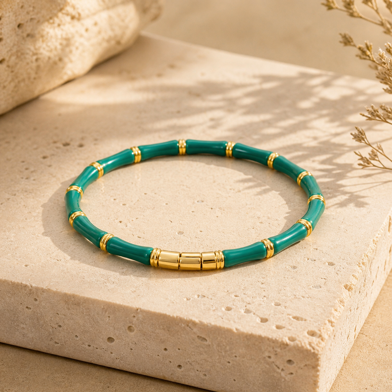 Green Bamboo Gold Accent Bangle Bracelet