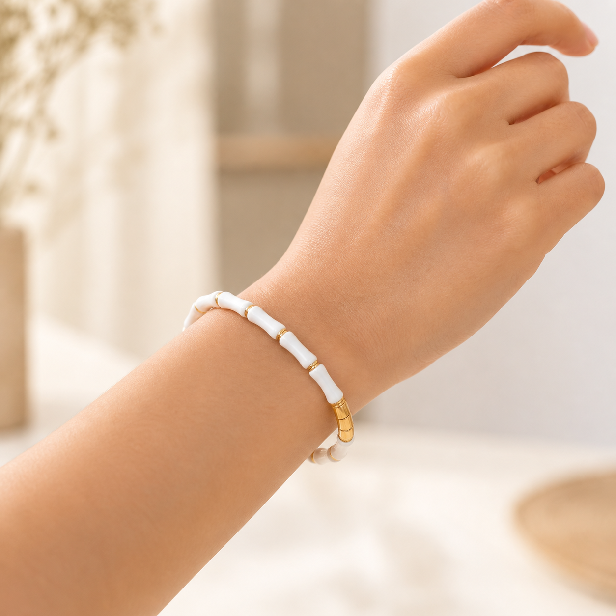 White Bamboo Gold Accent Bangle Bracelet