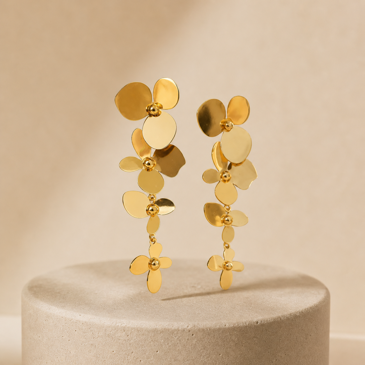 Gold Triple Flower Cascade Drop Earrings