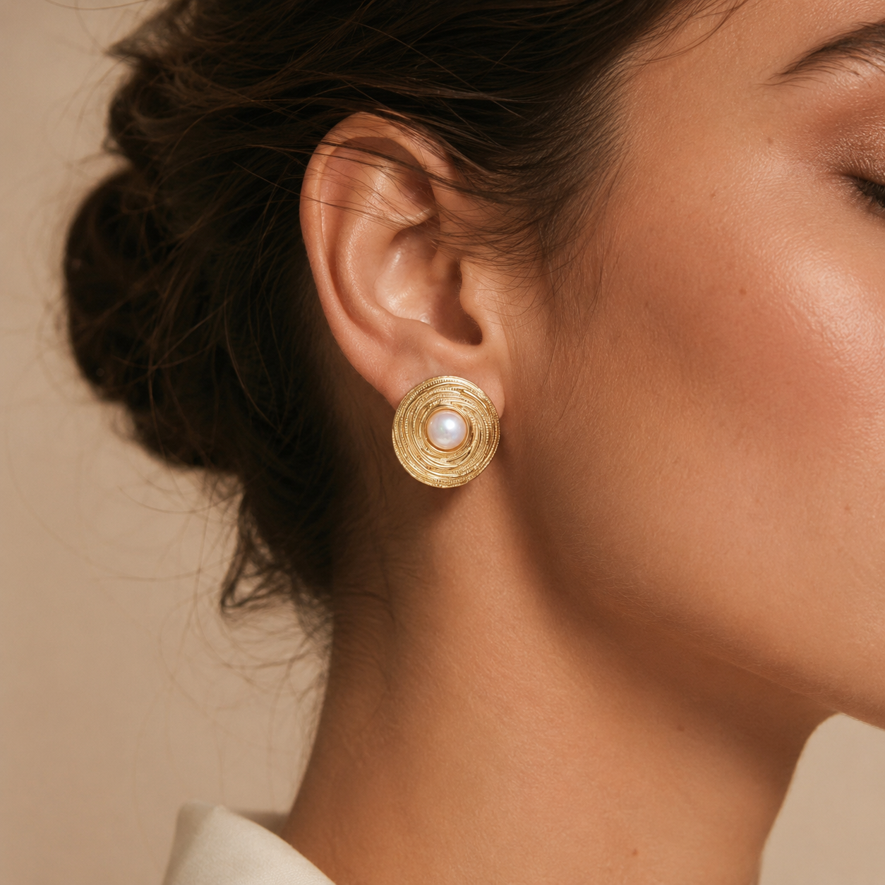 Gold Swirl Pearl Stud Earrings