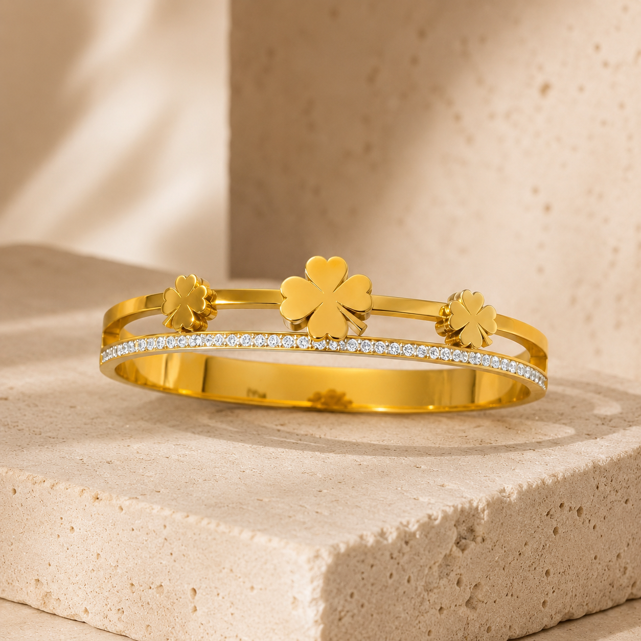 Gold Three-Leaf Clover Crystal Bangle Bracelet
