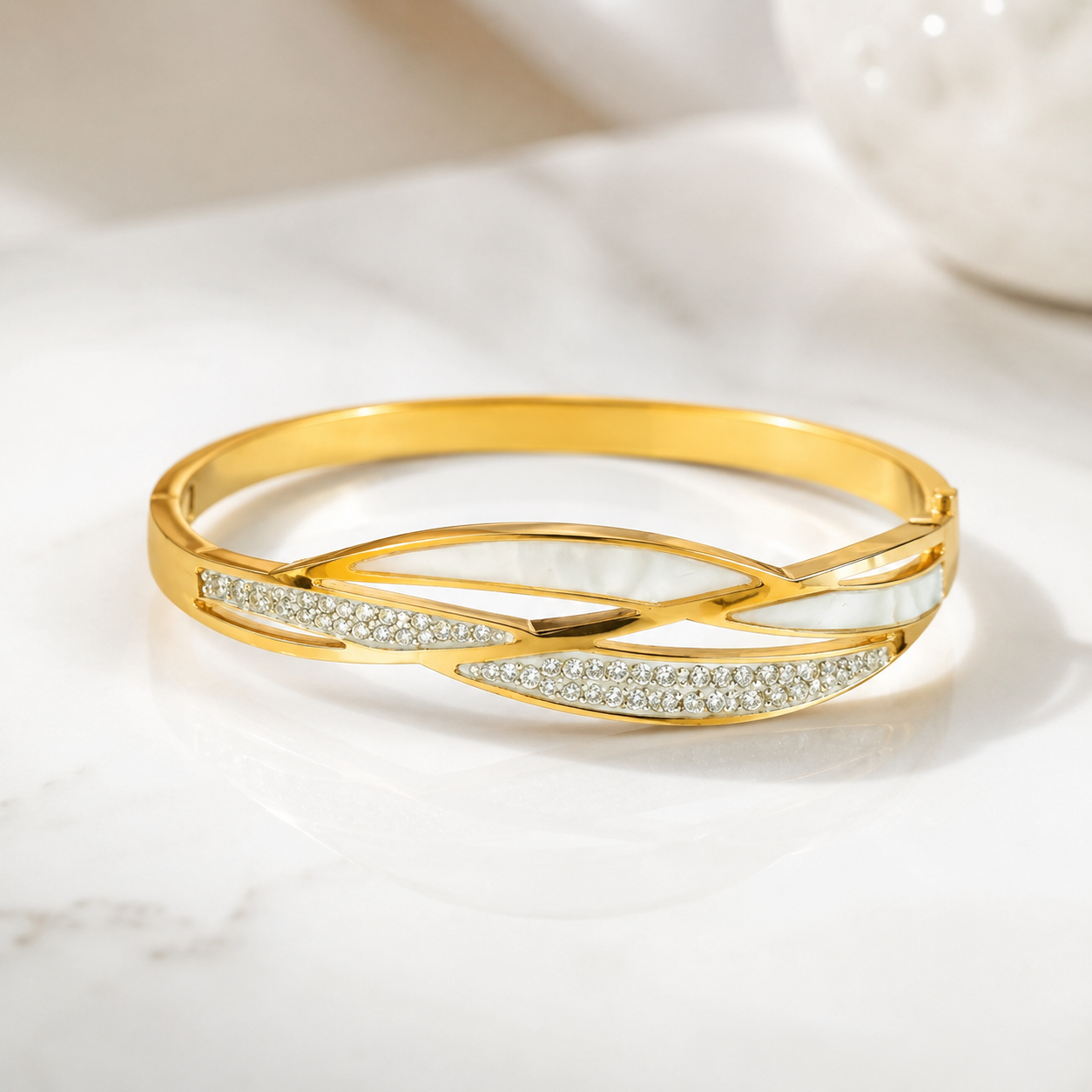 Gold Wave Mother-of-Pearl Crystal Bangle Bracelet