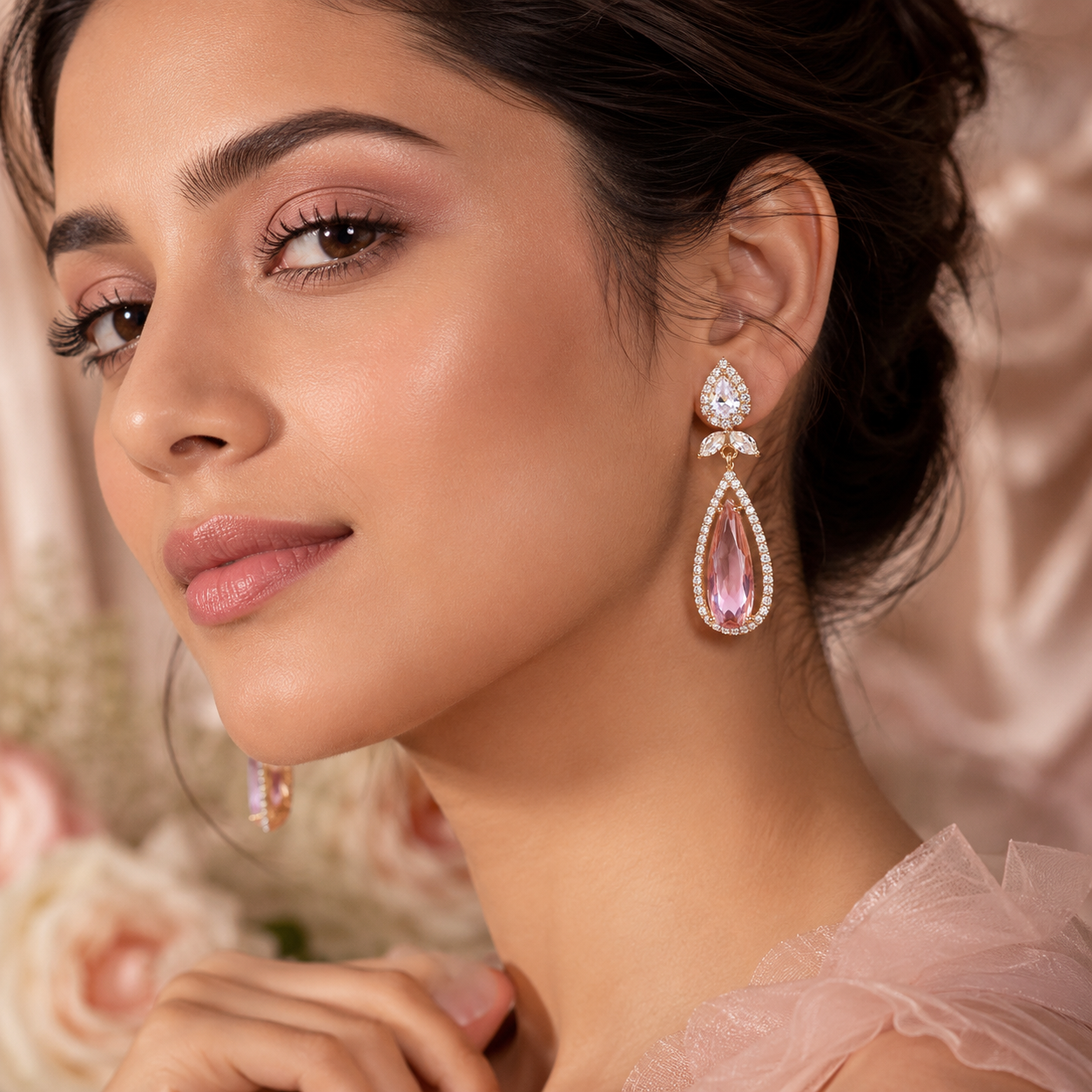 Rose Pink Crystal Teardrop Drop Earrings