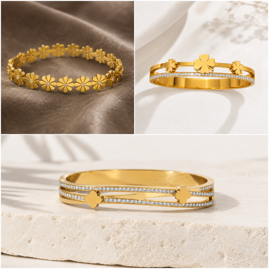 The Flower Child 🌼 — Set of 3 Floral Gold Bangles