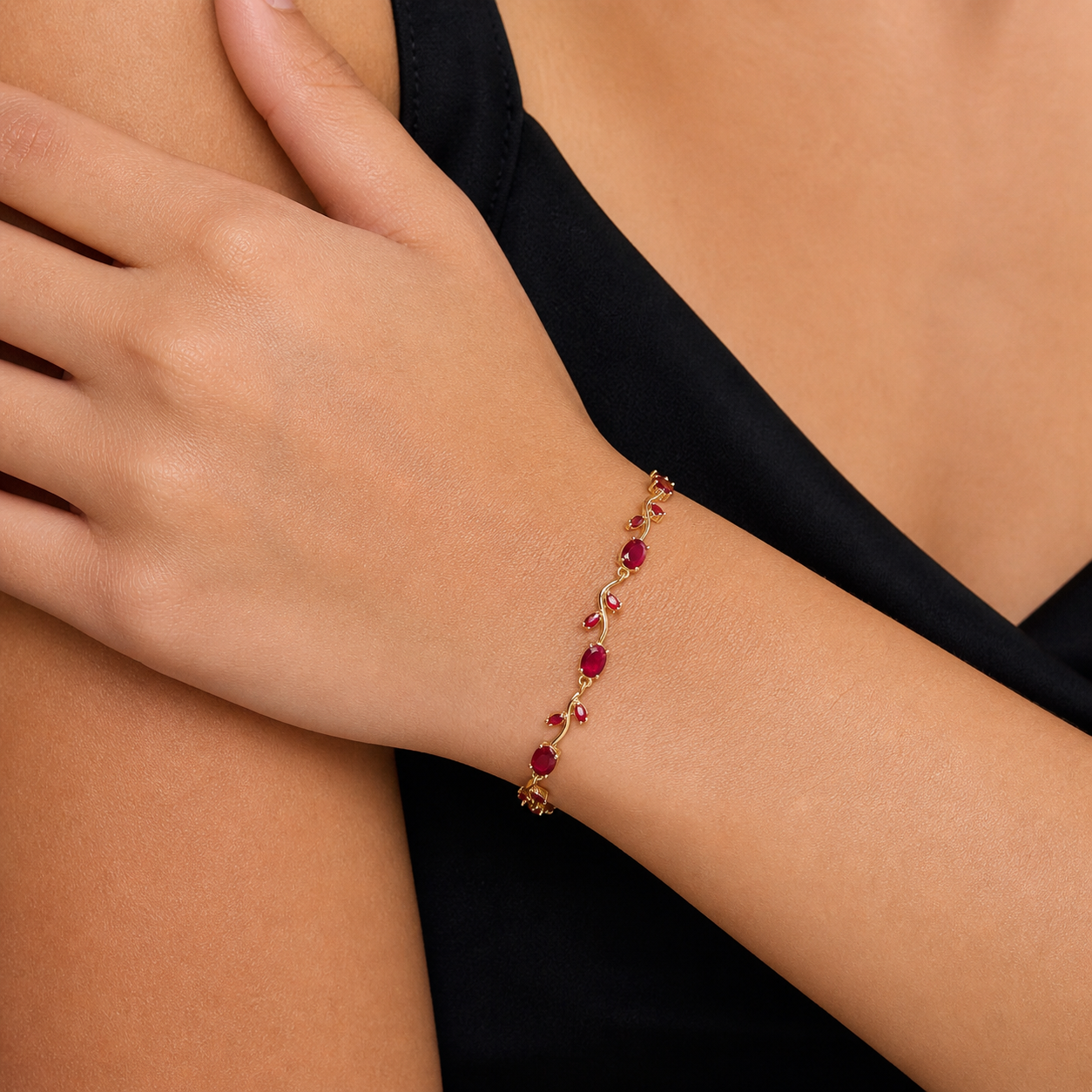 Anti-Tarnish Gold Tulip Ruby Red Stone Tennis Bracelet
