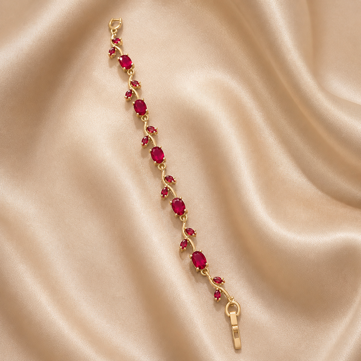 Anti-Tarnish Gold Tulip Ruby Red Stone Tennis Bracelet