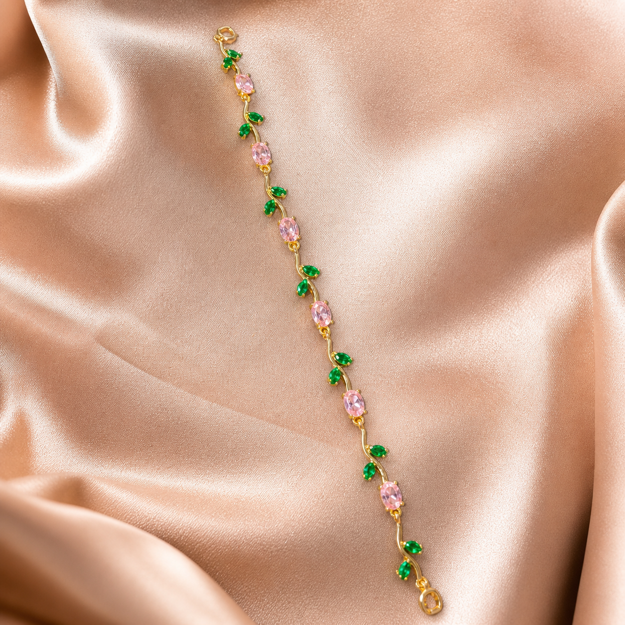 Anti-Tarnish Gold Tulip Pink & Green Stone Tennis Bracelet