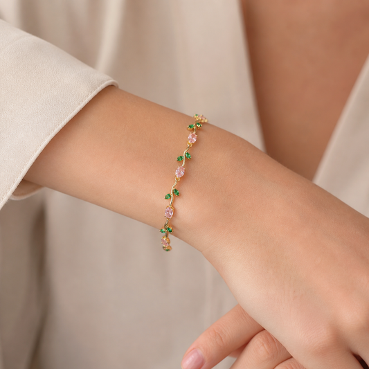 Anti-Tarnish Gold Tulip Pink & Green Stone Tennis Bracelet