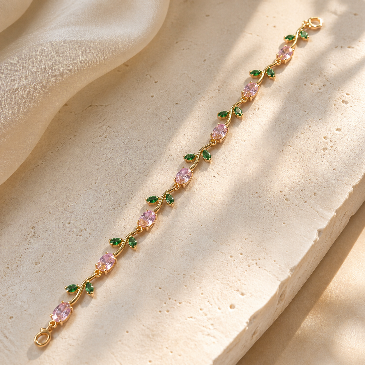 Anti-Tarnish Gold Tulip Pink & Green Stone Tennis Bracelet
