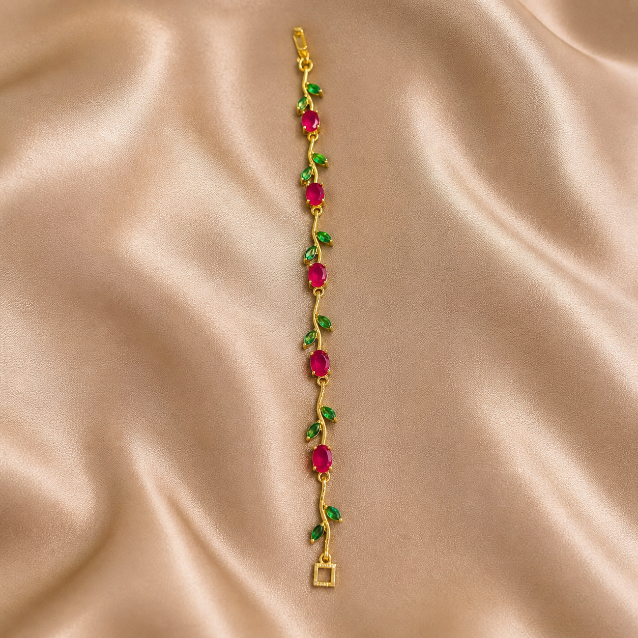 Anti-Tarnish Gold Tulip Ruby Red & Emerald Green Stone Bracelet