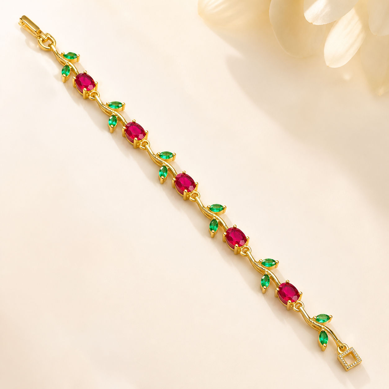 Anti-Tarnish Gold Tulip Ruby Red & Emerald Green Stone Bracelet