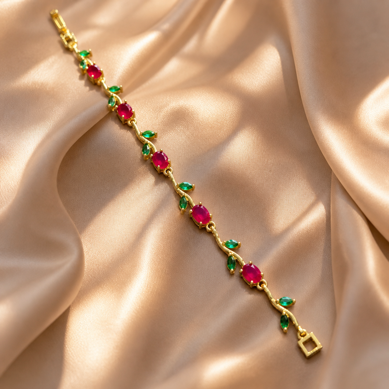 Anti-Tarnish Gold Tulip Ruby Red & Emerald Green Stone Bracelet
