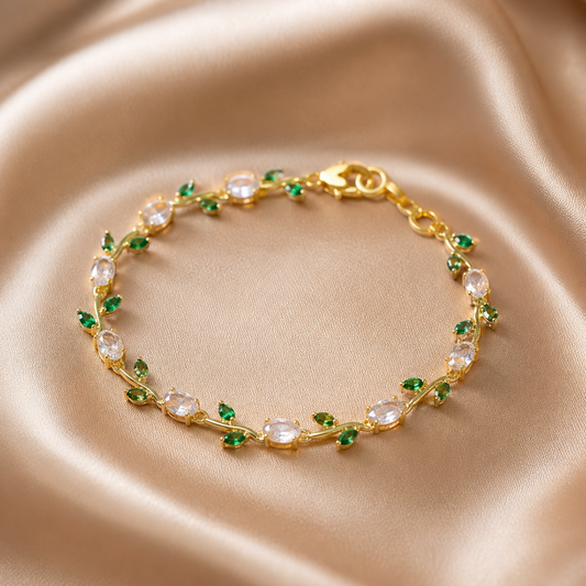 Anti-Tarnish Gold Tulip Crystal & Emerald Green Stone Bracelet