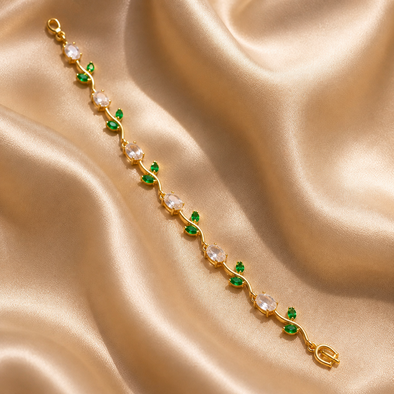 Anti-Tarnish Gold Tulip Crystal & Emerald Green Stone Bracelet