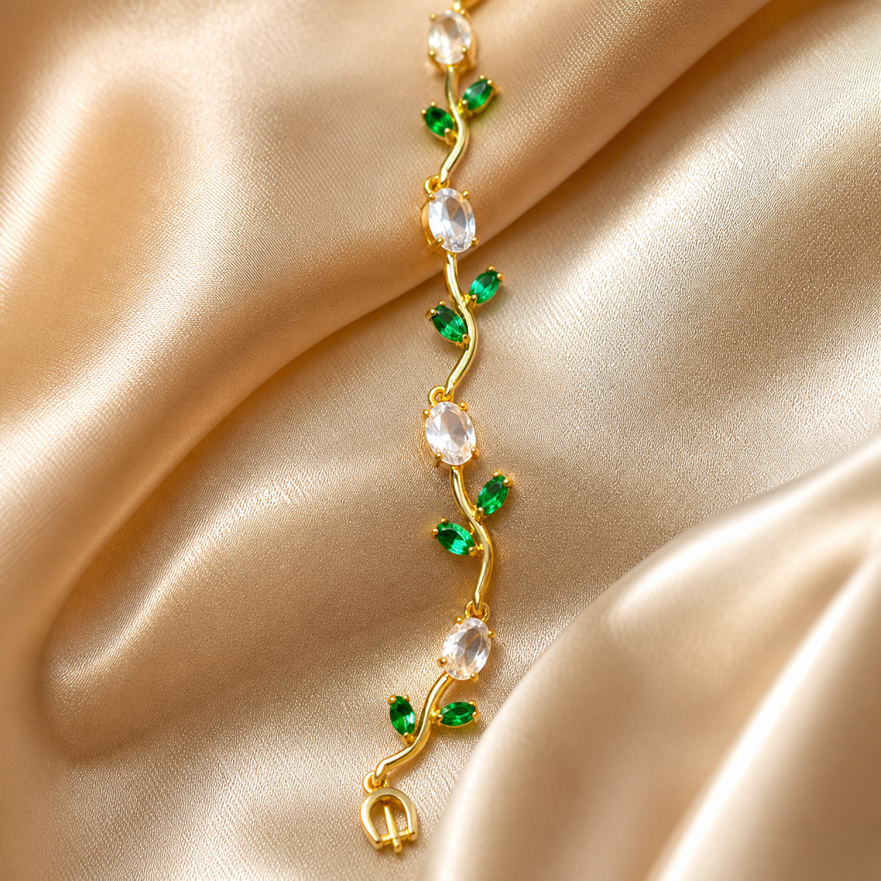 Anti-Tarnish Gold Tulip Crystal & Emerald Green Stone Bracelet