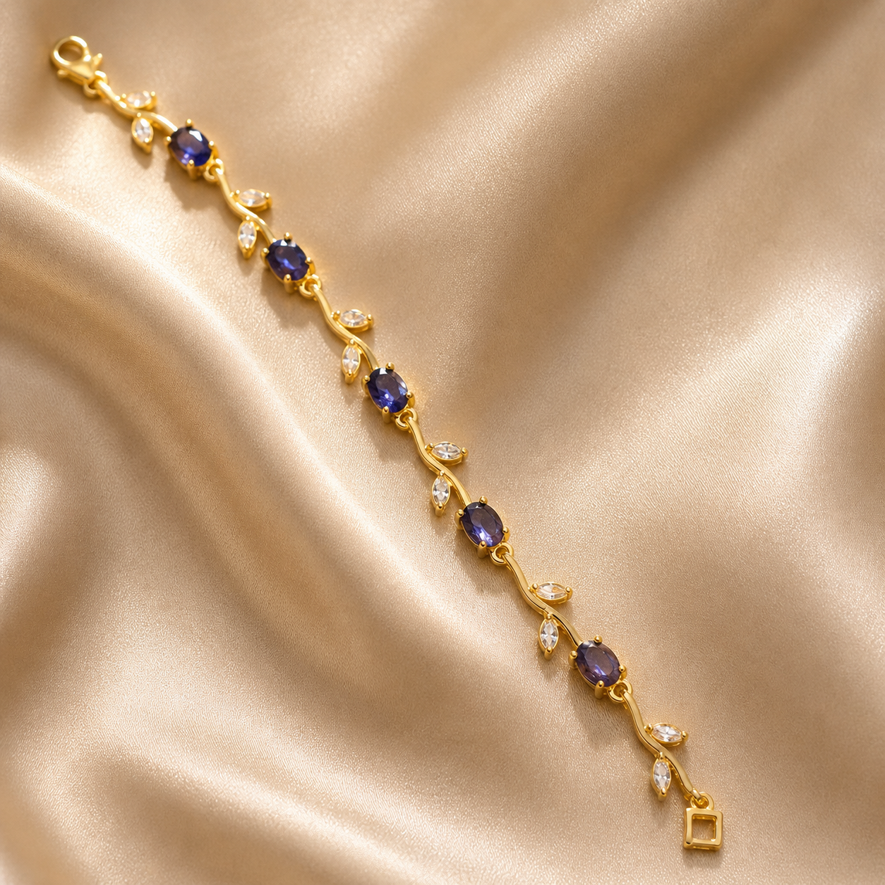 Anti-Tarnish Gold Tulip Sapphire Blue & Crystal Stone Bracelet
