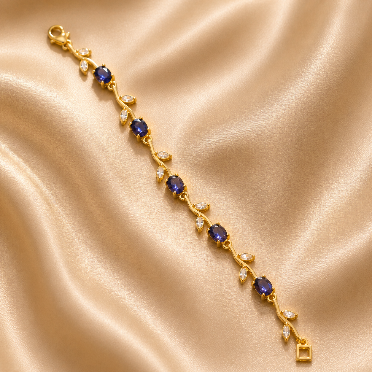 Anti-Tarnish Gold Tulip Sapphire Blue & Crystal Stone Bracelet