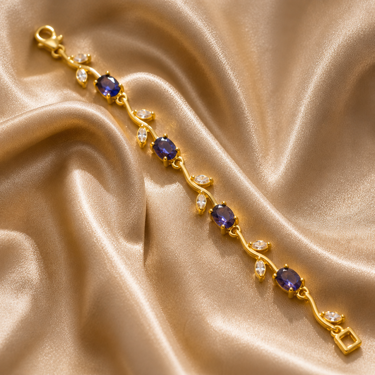 Anti-Tarnish Gold Tulip Sapphire Blue & Crystal Stone Bracelet