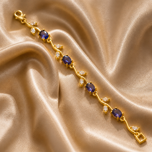 Anti-Tarnish Gold Tulip Sapphire Blue & Crystal Stone Bracelet