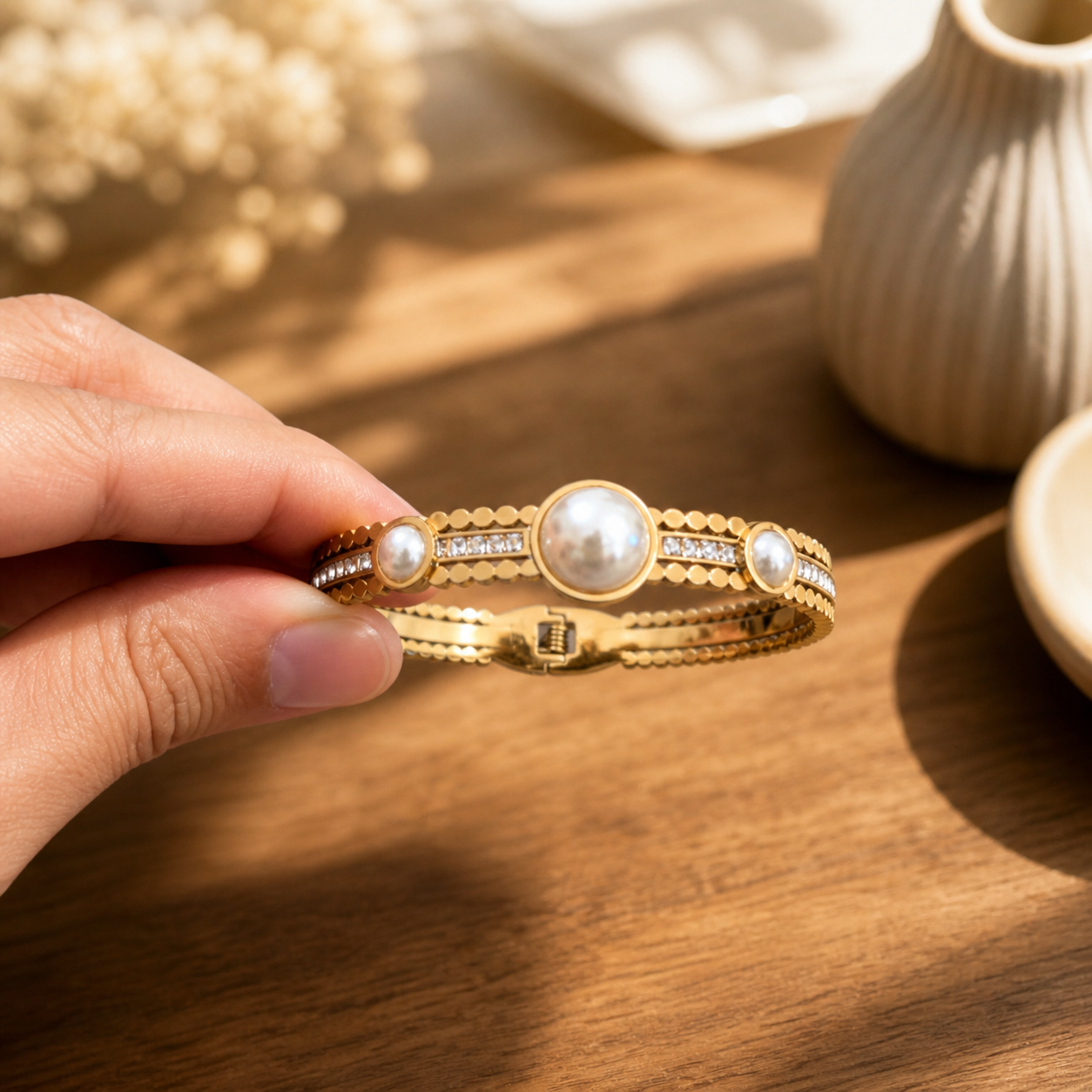 Pearl Gold Bangle Bracelet