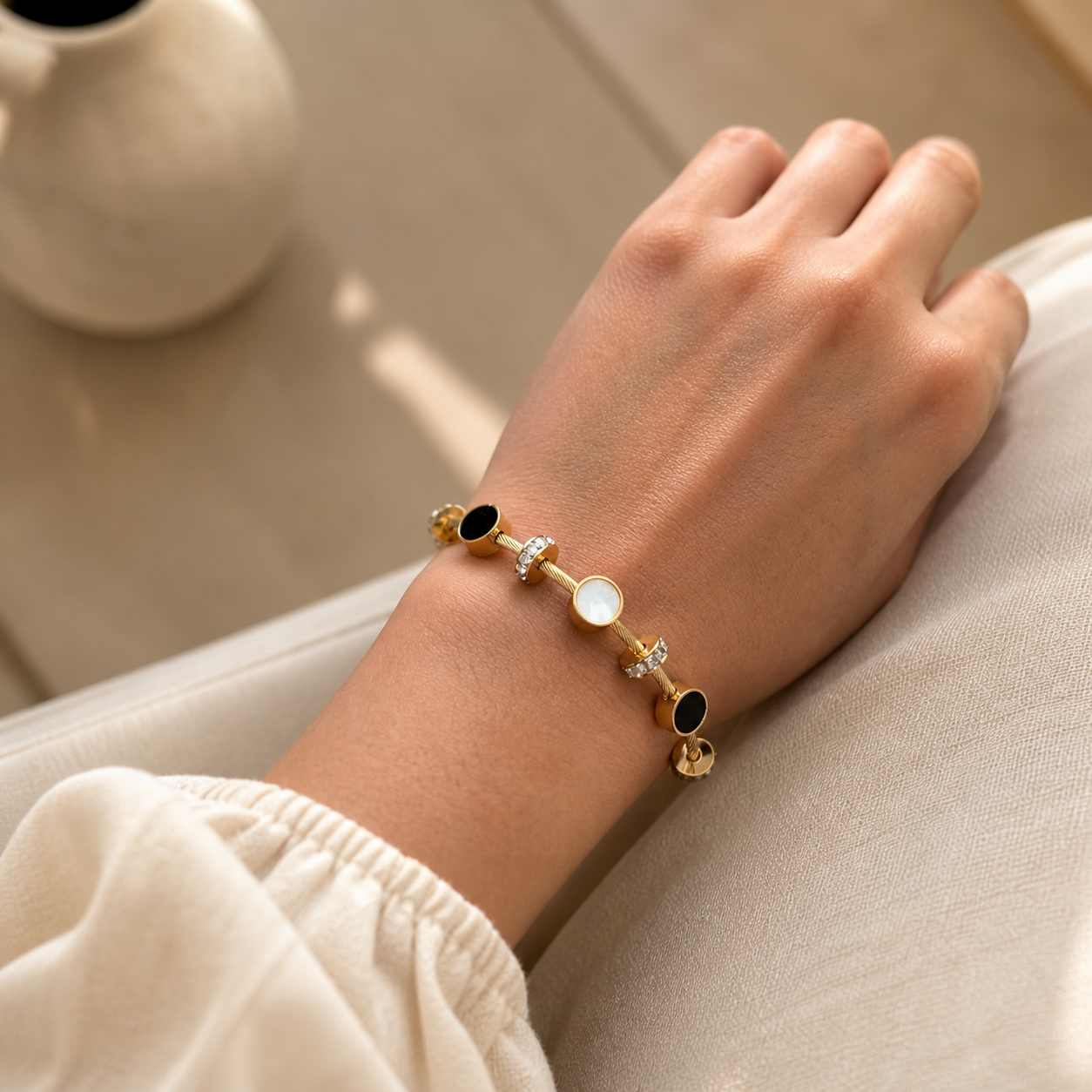 Gold Crystal Black and White Bangle Bracelet