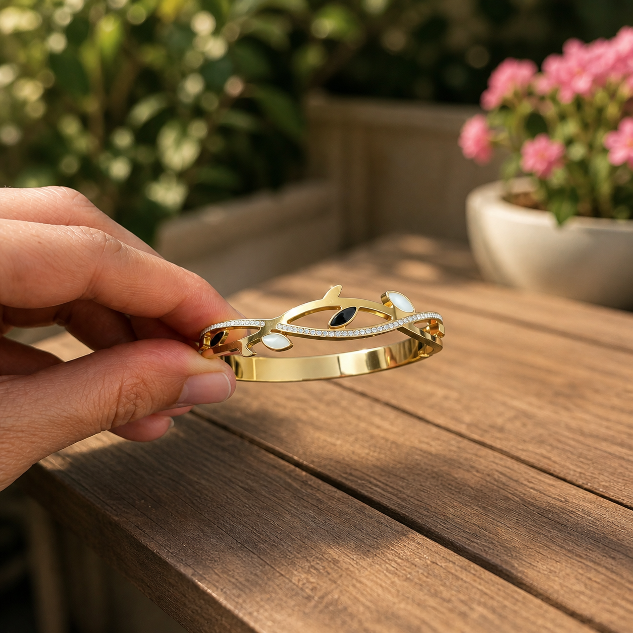 Gold Leaf Crystal Enamel Bangle Bracelet
