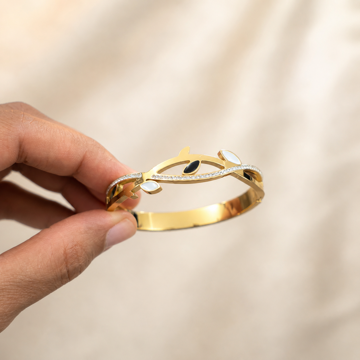 Gold Leaf Crystal Enamel Bangle Bracelet