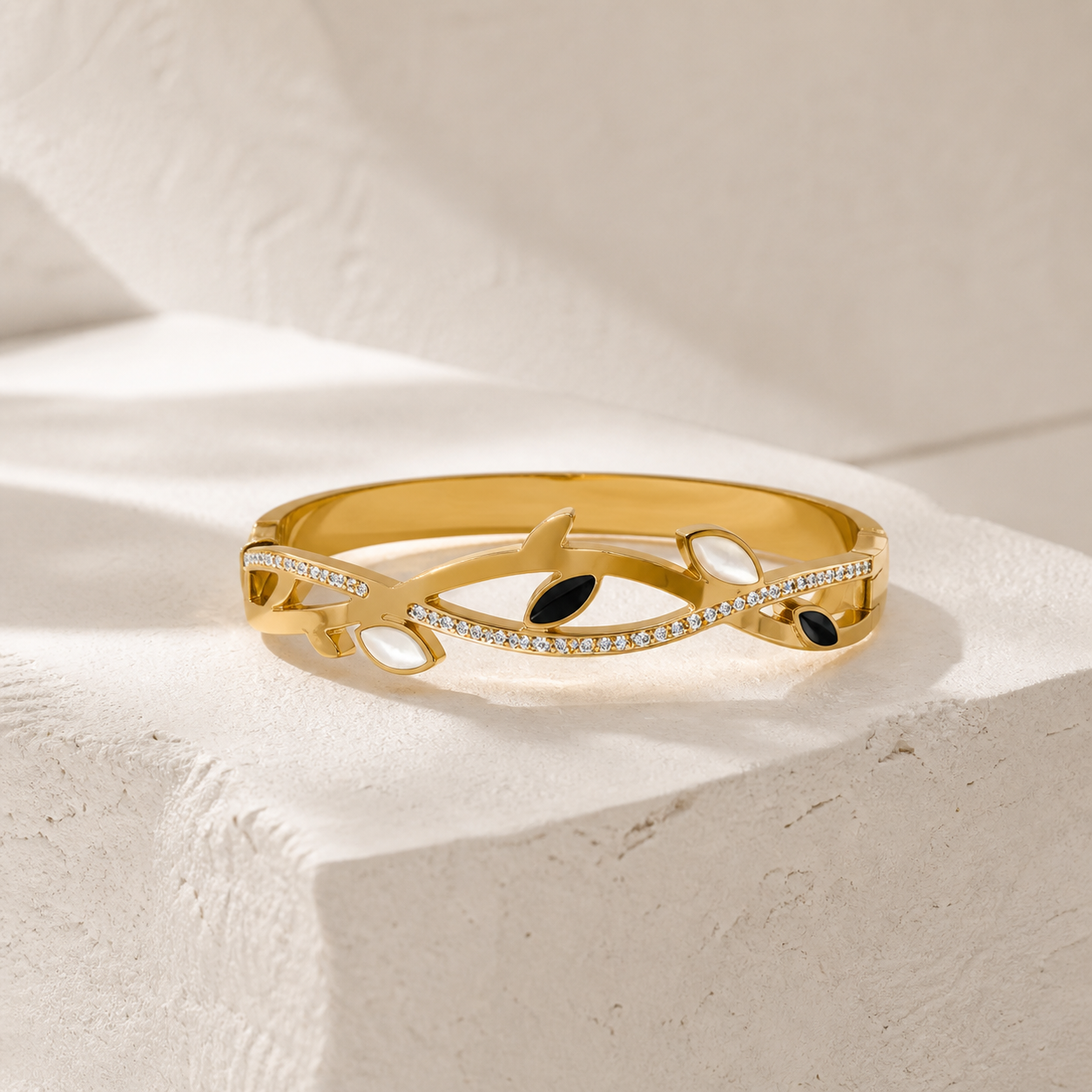 Gold Leaf Crystal Enamel Bangle Bracelet