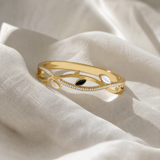 Gold Leaf Crystal Enamel Bangle Bracelet