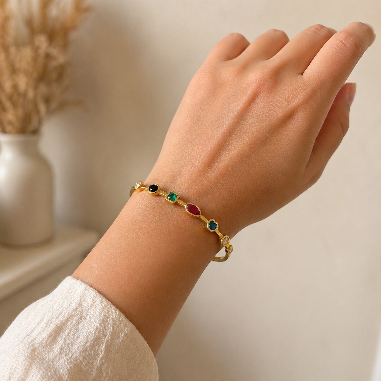 Multicolour Gemstone Gold Bangle Bracelet
