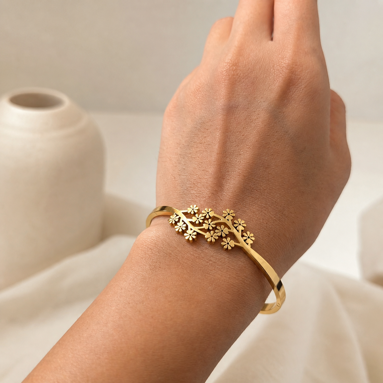 Gold Cherry Blossom Bangle Bracelet