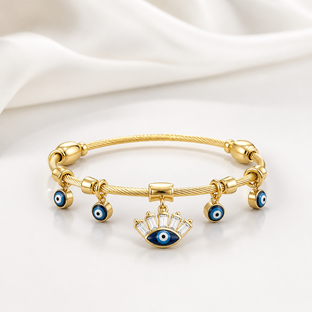 Evil Eye Hamsa Charm Gold Bangle Bracelet