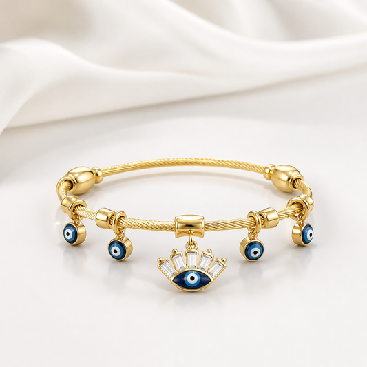 Evil Eye Hamsa Charm Gold Bangle Bracelet