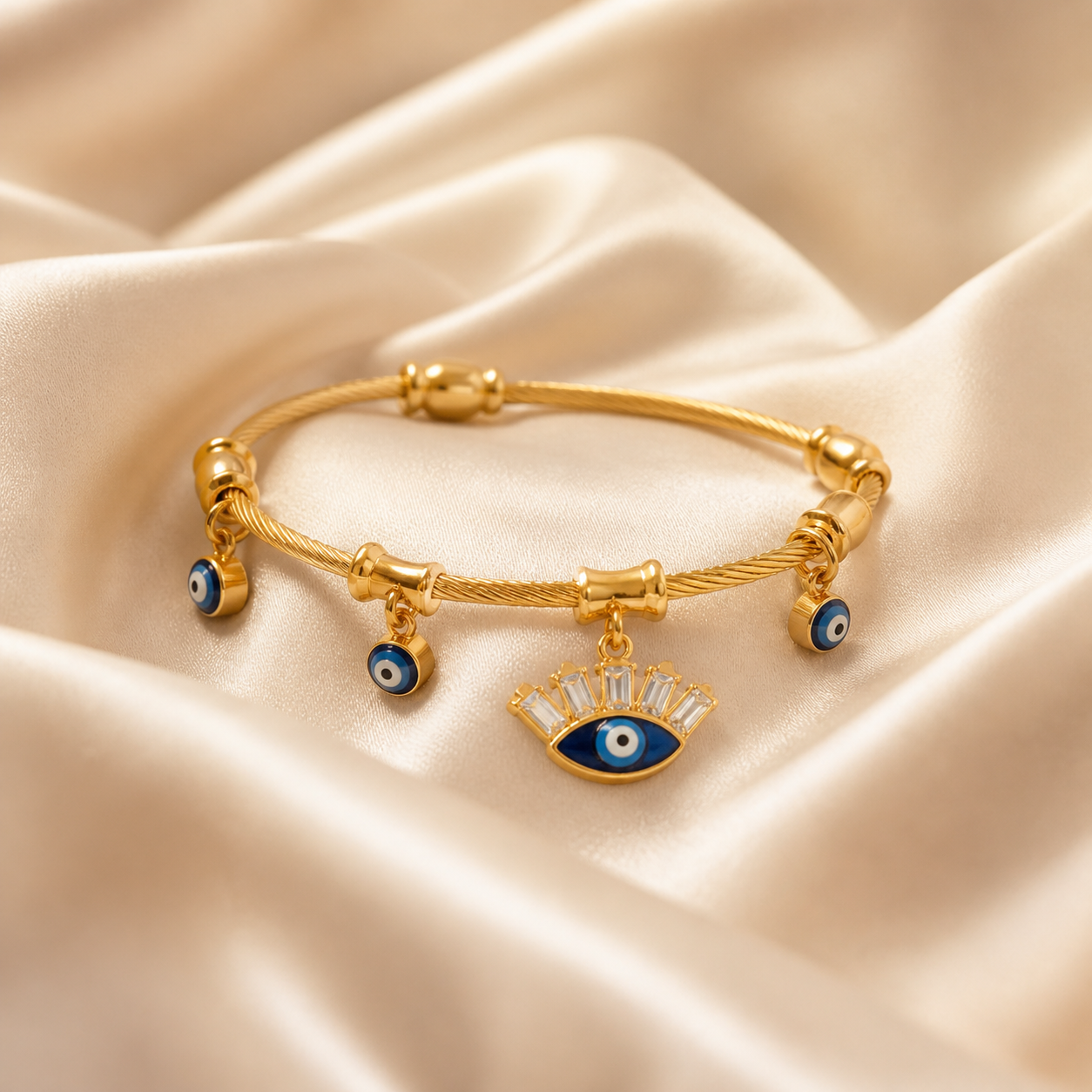 Evil Eye Hamsa Charm Gold Bangle Bracelet