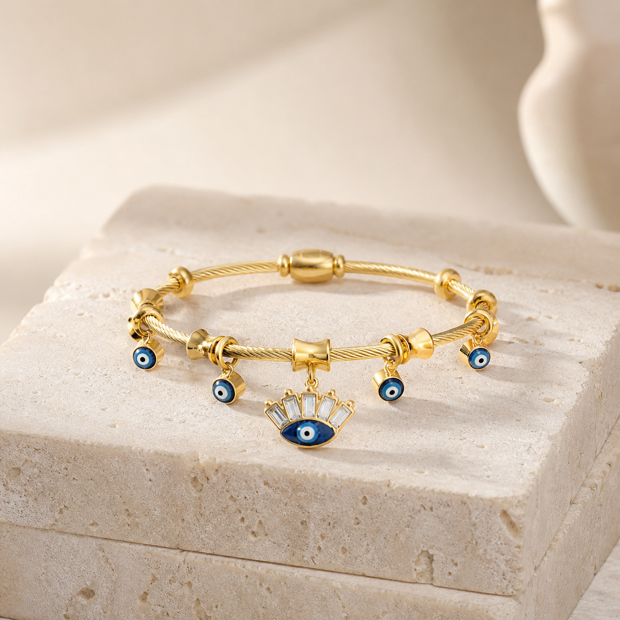 Evil Eye Hamsa Charm Gold Bangle Bracelet