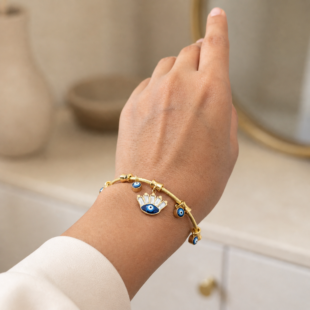 Evil Eye Hamsa Charm Gold Bangle Bracelet
