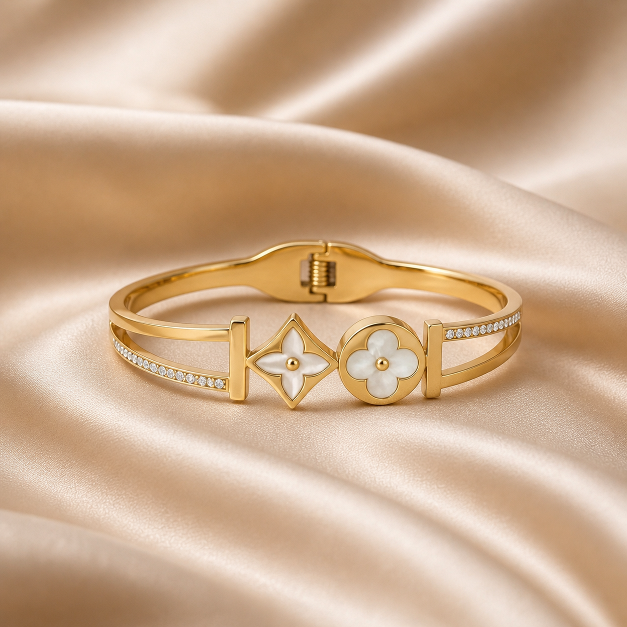 Gold Clover & Diamond Motif Bangle Bracelet