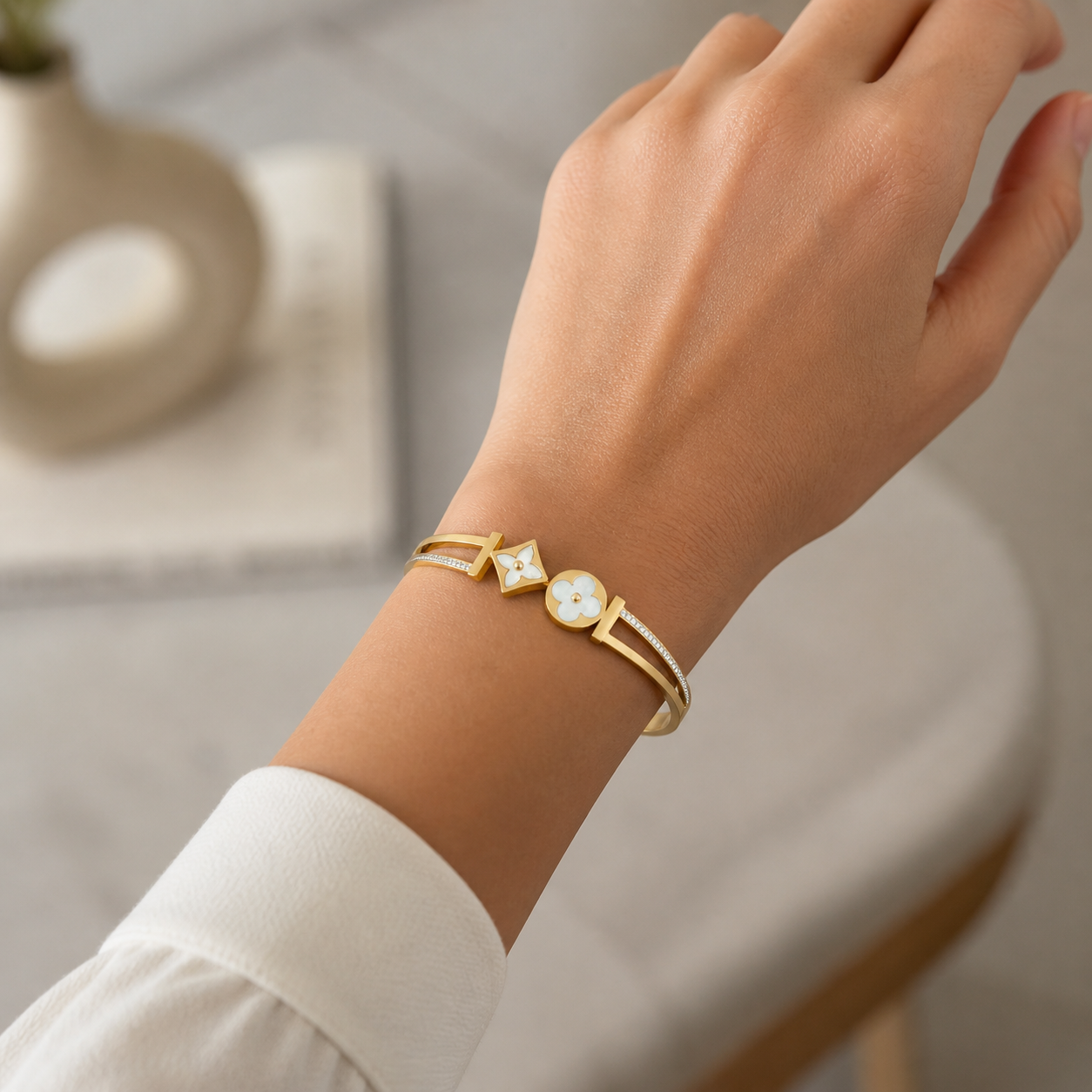Gold Clover & Diamond Motif Bangle Bracelet