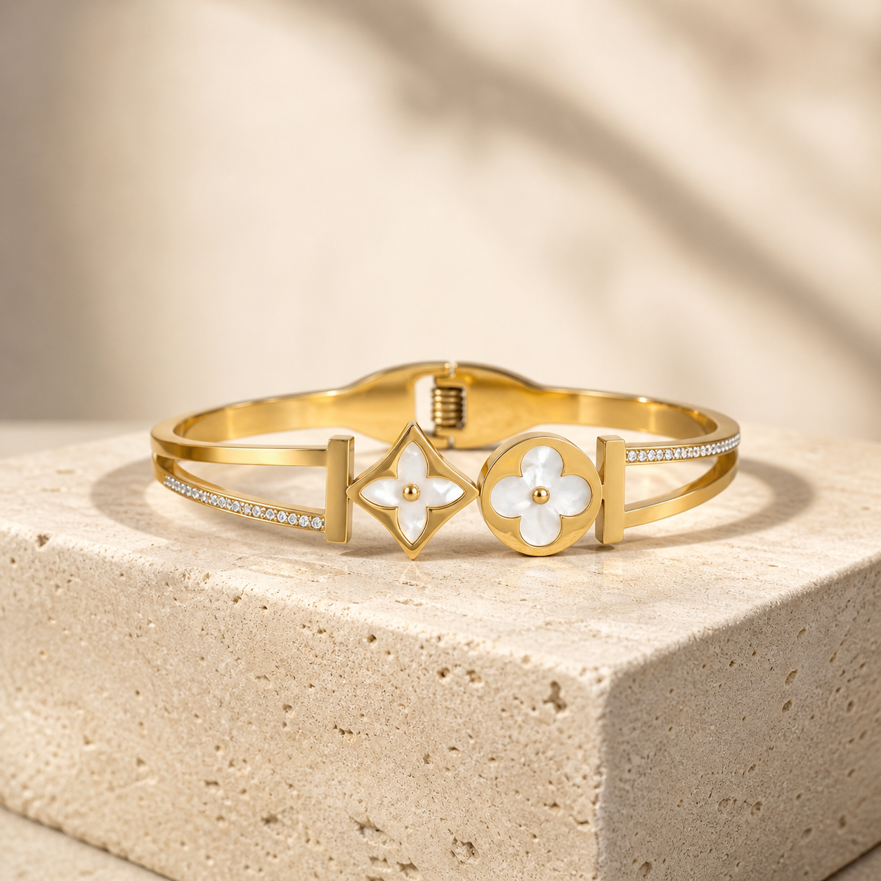 Gold Clover & Diamond Motif Bangle Bracelet