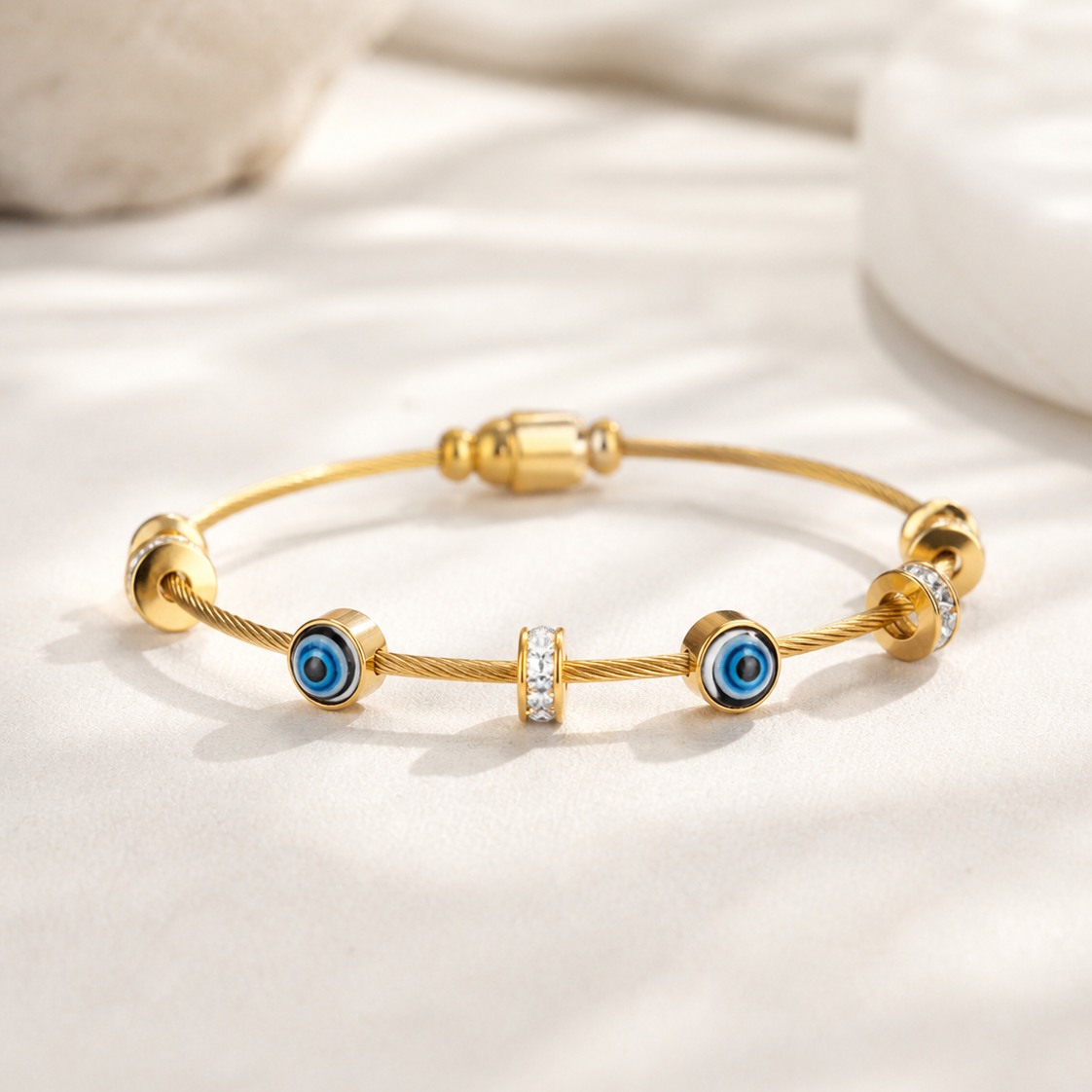 Evil Eye Crystal Charm Gold Wire Bangle Bracelet