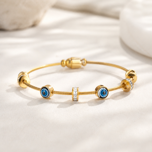 Evil Eye Crystal Charm Gold Wire Bangle Bracelet