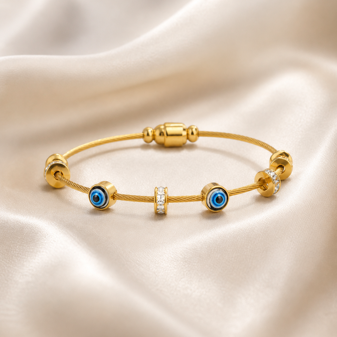 Evil Eye Crystal Charm Gold Wire Bangle Bracelet