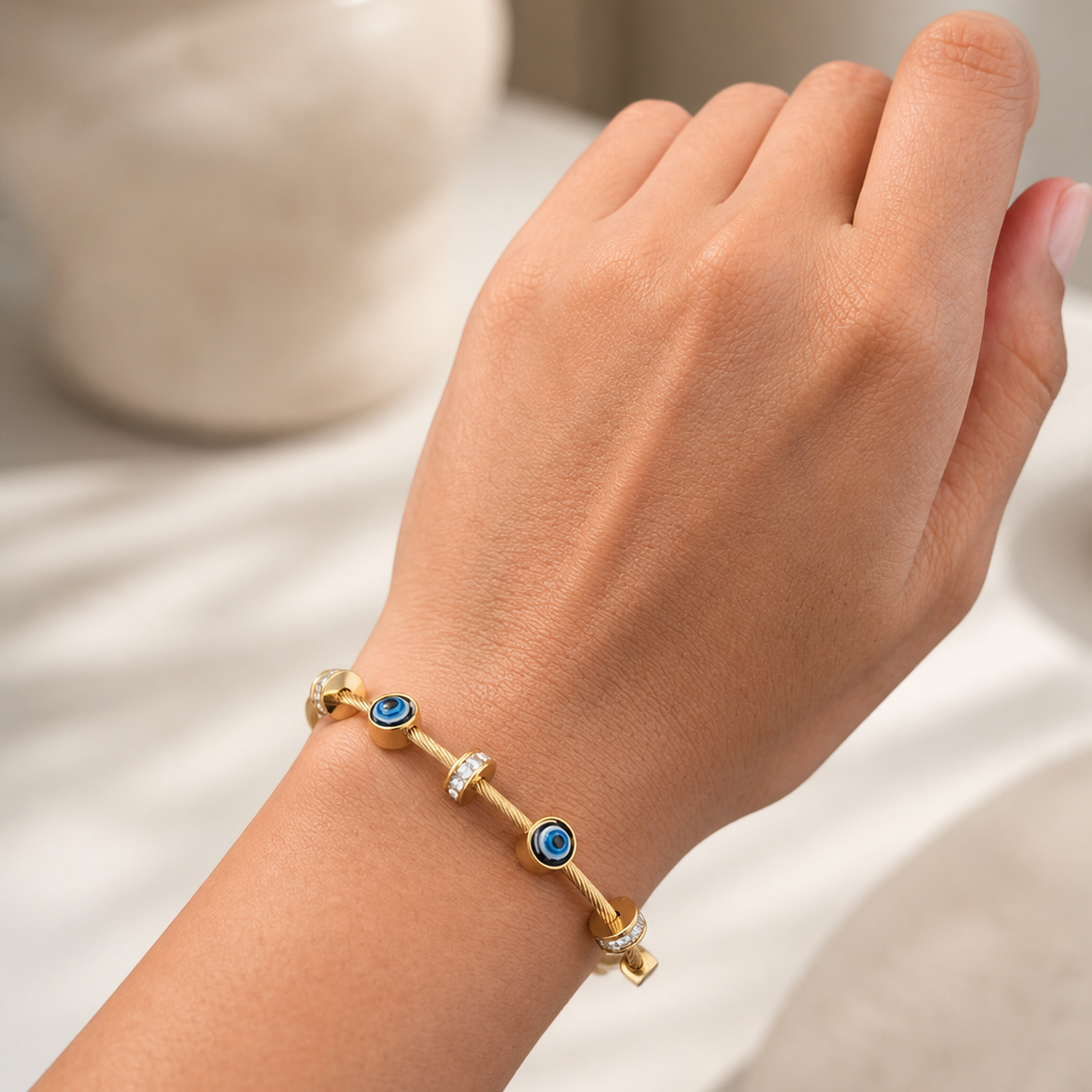 Evil Eye Crystal Charm Gold Wire Bangle Bracelet