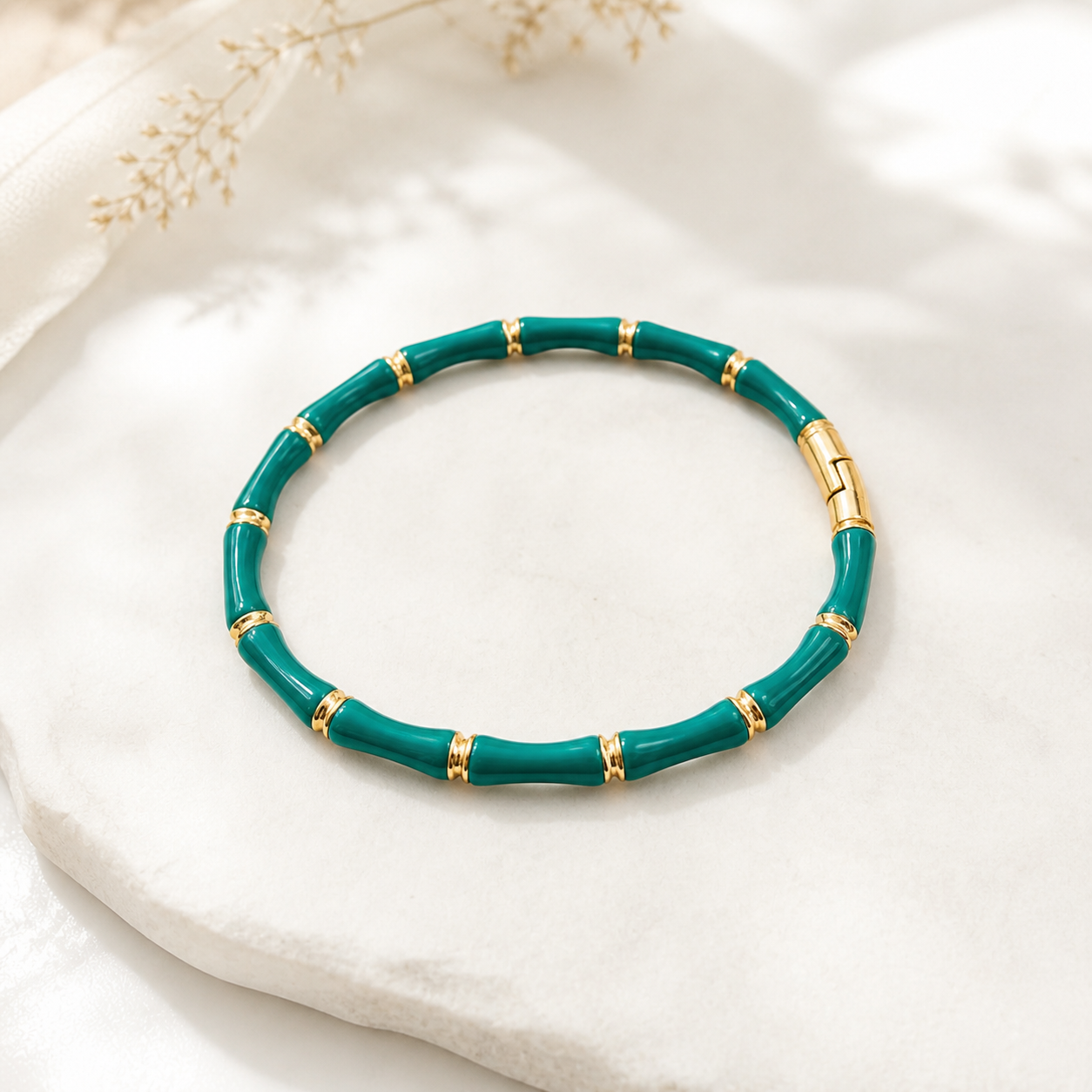 Green Bamboo Gold Accent Bangle Bracelet