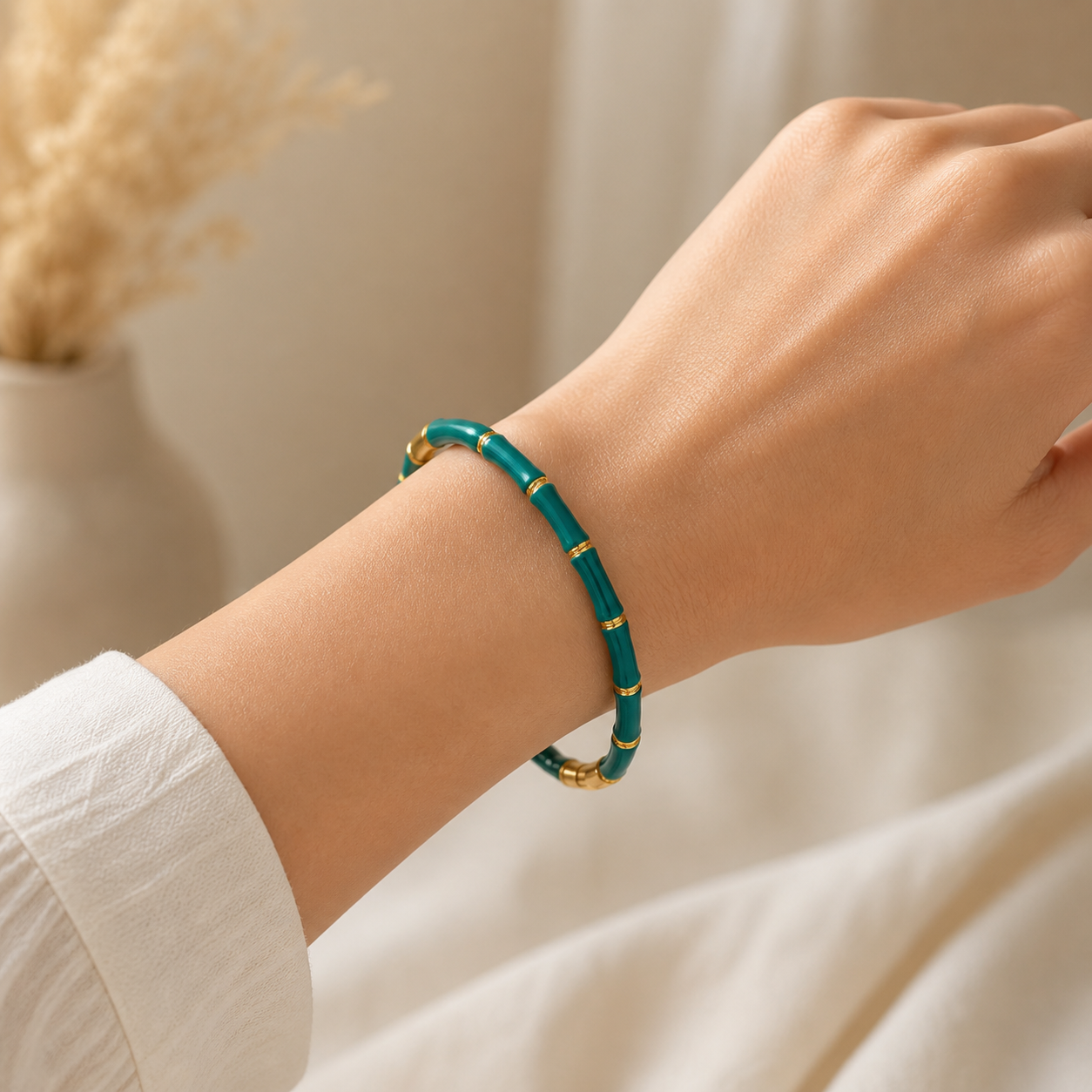 Green Bamboo Gold Accent Bangle Bracelet