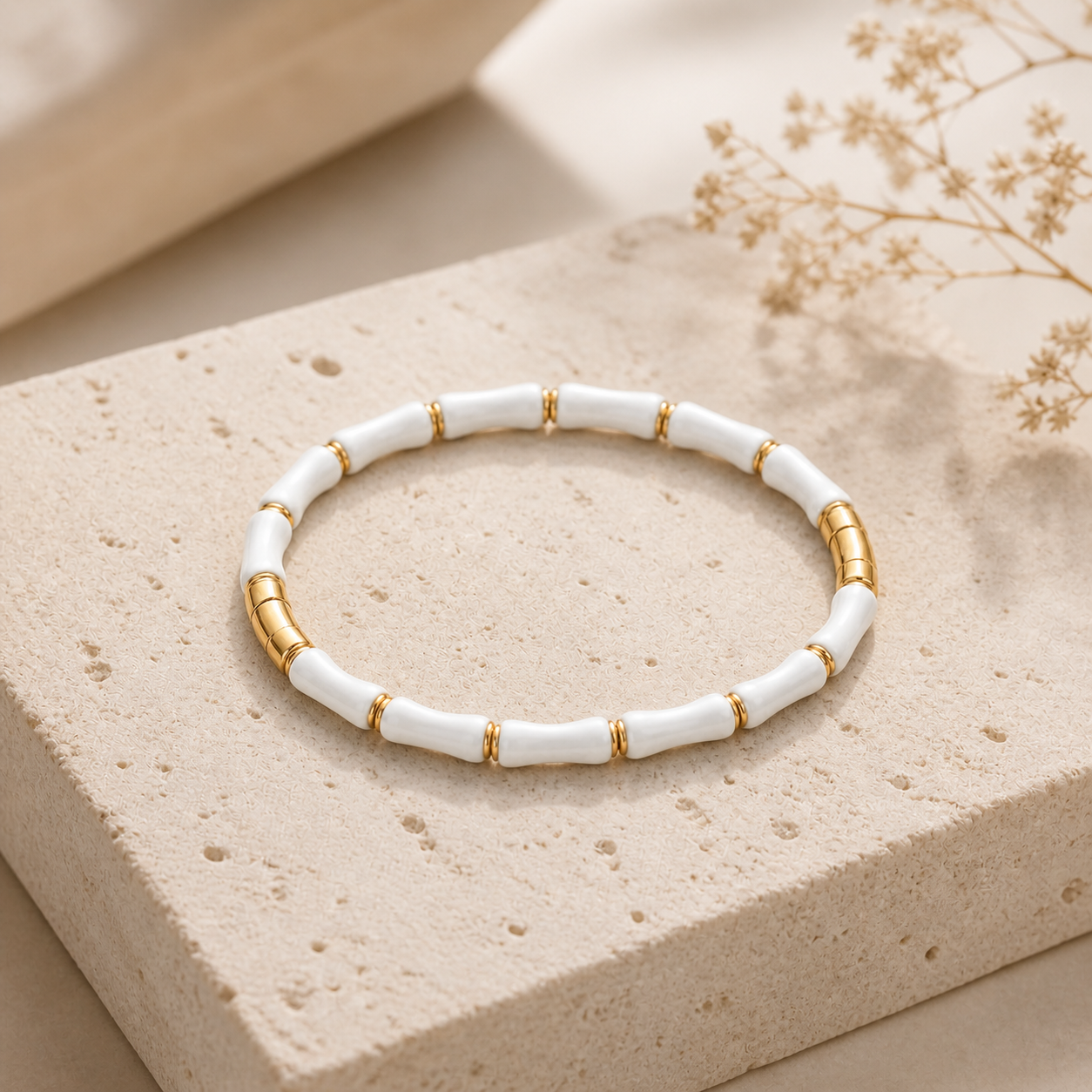 White Bamboo Gold Accent Bangle Bracelet